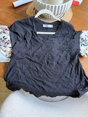 Black V-Neck Top with Floral Short Sleeves